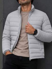 Men's HPC Polo Fleece Puffer Jacket, Warm, Casual, Basic, No Hood, Youthful And Modern Style, Ideal For Winter Or Cold Weather - 淺灰色 - 查看 4