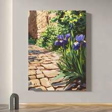 Enmarcado Póster de sendero de jardín,  de flores de iris, arte mural vintage, decoración clásica, pintura mural artística, ideal para regalo, decoración del hogar y dormitorio, adecuado para dormitorio, sala de estar, 1 pieza , plano 2D, perfecto para la decoración de la habitación. - Enmarcado - Ver 2