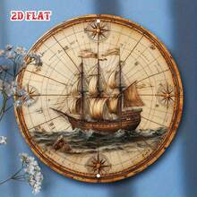 2D Flat Vintage Metal Sign - Old World Map, Detailed Sailing Ship, Framed Wall Art, Suitable For Living Room Decor, Ideal For Expressive Zones, Indoor Use, New Year Gift, 19.81x19.81cm, Coastal Home Decor, Perfect For Room Decoration (Random Hole Position) - A - View 9
