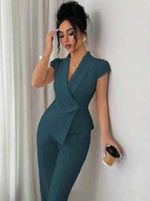 Conjunto casual y elegante de 2 piezas para mujer, con cuello cruzado asimétrico, mangas abullonadas, cintura ceñida, blusa con bajo en línea A y pantalones de cintura elástica, adecuado para ir a trabajar, vacaciones, tomar el té por la tarde, fiestas, primavera/otoño/invierno - Agua verde azul - Ver 5