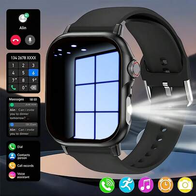 Latest Fashion Design With LED Light, 2.01 Inch Silicone Strap Full Touch Screen Outdoor Sports Smart Watch For Men And Women, Wireless Calling, Call Reminder/Rejection, Message Notification, Pedometer, Wireless Music, Multiple Sports Modes, Compatible With Various Smartphones, Suitable As Birthday, Holiday, Graduation, Halloween Gift For Couples, Elders, Friends, Classmates