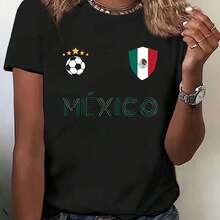 Women's Cotton T-Shirts. Women's T-Shirt With Mexican Flag Design, Soccer And Stars Theme, Perfect For Summer With Short Sleeves, Elegant And Casual Printed Top For Stylish Ladies. Women's Blouses > Basic Women's Sets 2026 World Cup - 黑色 - 查看 1