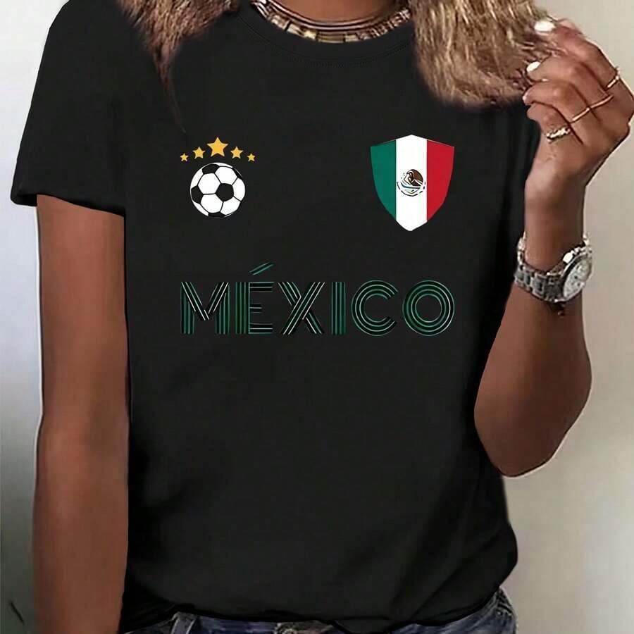 Women's Cotton T-Shirts. Women's T-Shirt With Mexican Flag Design, Soccer And Stars Theme, Perfect For Summer With Short Sleeves, Elegant And Casual Printed Top For Stylish Ladies. Women's Blouses > Basic Women's Sets 2026 World Cup - 黑色 - 查看 1