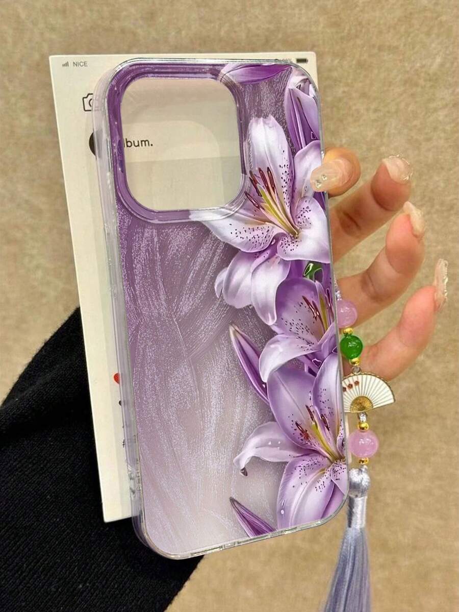 花卉百合彩绘优雅新款羽毛雪纺银色简约时尚手机壳，兼容 17/17 Pro Max、15、16/16 Pro、15 Pro Max、P13、P14、P11软壳、P12防摔、XS、XR、7/8、7/8 Plus、S2、A14、A15、S23 Ultra、A50、A12、A32、A52、A72、A51、A21S、A13、A14、S22 Ultra、S23、A33、A53、S20 FE