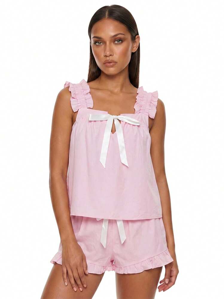 Women's Summer Pajama Set Fashionable Bow Decor Tank Tops With Ruffle Shorts 2Pcs Soft Sleepwear - Pink - View 4