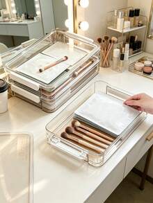 1pc/2pcs Makeup Storage Box, Face Mask Storage Box, Dustproof Waterproof Covered Skincare, Makeup Brushes, Eyebrow Pencils Storage Box, Perfume Organizer, Suitable For Refrigerator Storage, Accessory & Hair Accessory Storage, Kitchen Tool Organization, School Supplies Display Rack - Transparent - View 7