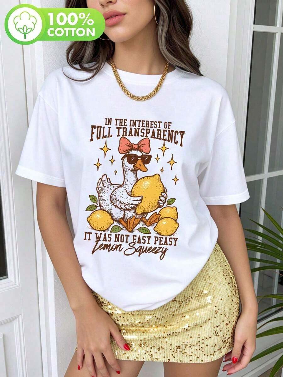 Retro Lemon Humor Goose Printing Summer Women's Neck Loose Casual Pure Cotton T-Shirt, Funny And Satirical Goose Printing Top , 2026 New Model Refreshing Summer Tops-Tee Shirts Women Cute Funny Graphic Tees, 4th Of July Outfit Women Summer Graduation Outfits - 白色 - 查看 1