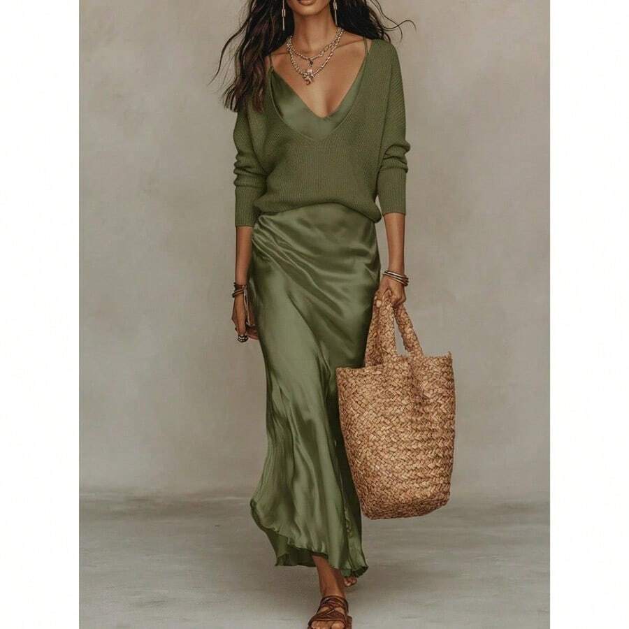 Women's Apricot Two-Piece Co-Ord Set, Deep V Knit Sweater & Satin Slip Dress, Casual Elegant Outfit For Daily, Home & Leisure - 深綠色西裝 - 查看 1