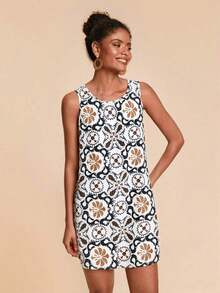 Vestido de vacaciones sin mangas de cuello redondo con estampado tropical - Blanco y Negro - Ver 1