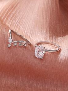 2pcs Elegant Classic Shiny Oval Synthetic Cubic Zirconia Couple Rings Set, Fashionable Geometric V-Shape Design, Suitable For Wedding, Engagement, Proposal, Valentine's Day, Birthday, Anniversary Gift - Silver - View 4