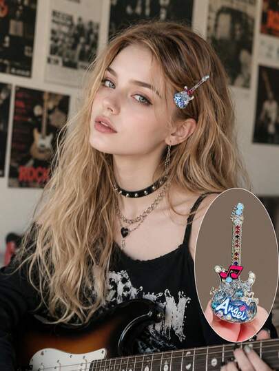 Rhinestone Guitar Duckbill Hair Clip Creative Music-Inspired Crystal Hair Barrette Y2K Rock Style Side Bang Hair Accessory For Women