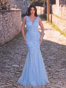 Faeriesty Elegant Women's Sleeveless Deep V-Neck Mermaid Style Long Dress, With Hollow Mesh Back Design Fall Wedding - Blue - View 4