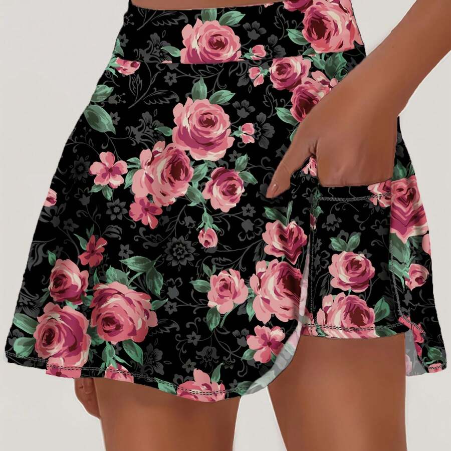 Floral Print Style, Women'S Fashionable Short Skirt, Rose Pattern, Summer Daily Wear, Pocketed Short Skirt Gym Workout Sports Base - 彩色 - 查看 1