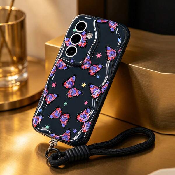 1pc Floral Pattern Detachable Lanyard Accessory + Asymmetrical Cream Wavy Design Compatible With Galaxy S23/S24/S25/S26/S26 Ultra/S26 Plus/A57/A37/A17/A07, Note 13 Pro, A3X, Y21 Android Smartphone Cases