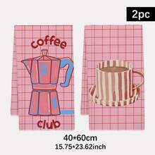 2pcs Kitchen Towels, Pink Plaid & Stripe Coffee Themed Print, 40*60cm Absorbent Microfiber Dish Cloths, Hand Towels, Kitchen Decor, Housewarming Gift, Suitable For Kitchen & Bathroom, Great For Homemakers & Family Gatherings, - Pink - View 2