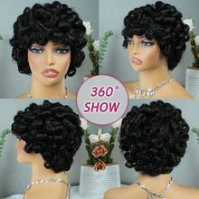Layered Short Loose Curly Pixie Cut Human Hair Wig For Women Black Colored Human Hair Wig With Bangs Remy Peruvian Human Hair Wig Elastic Net Full Machine Made Holiday Wear Party Wear - Natural Black - View 7