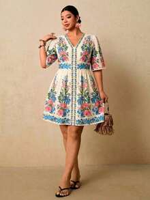 Vestido corto con estampado floral negro para mujer de talla, vestido corto con cuello en V, manga corta y cintura ceñida, vestido romántico para vacaciones en una isla a principios de primavera, vestido bohemio - Blanco - Ver 4