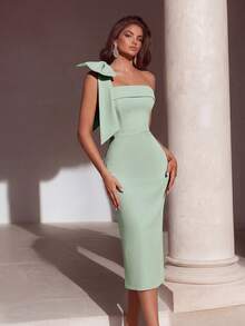 ADYCE Vestido de cóctel o fiesta de noche de largo midi, sin tirantes, con abertura en la espalda y decoración de lazo en color liso - verde claro - Ver 7