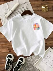 Women's Casual Short-Sleeved T-Shirt With Round Neck, Oil Painting Print With Summer Slogan - 白色 - 查看 2