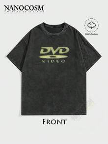[100% Cotton] DVD Video Nostalgic Green Logo Vintage Gaming Print T-Shirt 2000s Aesthetic Retro Summer Shirt - Unisex Women & Men's Campus Daily Wear - Washed T - Black - 查看 1