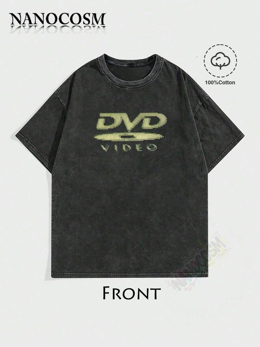 [100% Cotton] DVD Video Nostalgic Green Logo Vintage Gaming Print T-Shirt 2000s Aesthetic Retro Summer Shirt - Unisex Women & Men's Campus Daily Wear - Washed T - Black - 查看 1