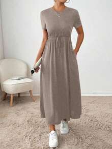 Vestido midi con cordón en la cintura, bolsillo lateral, ropa de regreso a la escuela, ropa de mujer para otoño, atuendos de maestra, vestido de despedida de soltera, vestidos casuales de mujer, vestidos midi de mujer, vestidos de trabajo de mujer, vestidos de otoño para mujer, vestidos maxi de mujer, disfraz de Halloween, vestido casual de negocios, vestidos de verano para mujer - Marrón Mocha - Ver 3