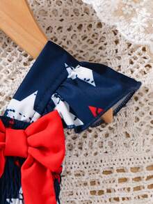 2pcs/Set Girls' Cute Sweet Bowknot Decor Star Print Camisole Top & Ruffle Hem Shorts Set - Dark Wash - View 4