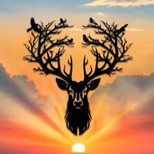 Escultura de pared de metal con diseño de ciervo y árbol, de 1 pieza, 15.75*14.72 pulgadas. |   Regalo de Halloween y Navidad, Decoración de Interior/Exterior Tallada en Metal - TY9619 - Ver 7