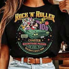Disney Women's T-Shirt 1PC Licensed "Retro Rock N Roller Coaster Mickey & Friends Band" Cartoon Printed Oversized T‑Shirt, Short Sleeve Tee For Disney Travel, Vacations & Theme Parks. 2026 New Style, Ideal For Family Outings & Matching Outfits, Unisex For All Ages. High‑Quality Cotton Fabric, Soft & Breathable. Vintage Rock‑Themed Roller Coaster & Music Band Scene Print Design, The Best Gift For Rock Music Fans & Disney Vacation Lovers. - màu đen - Xem 1
