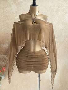 Nuevo conjunto sexy de fiesta con parte superior suelta asimétrica de hombro con lentejuelas doradas transparentes y falda mini fruncida de cintura baja, estilo bohemio, de vacaciones, vintage, para la playa, crucero - Caqui - Ver 6