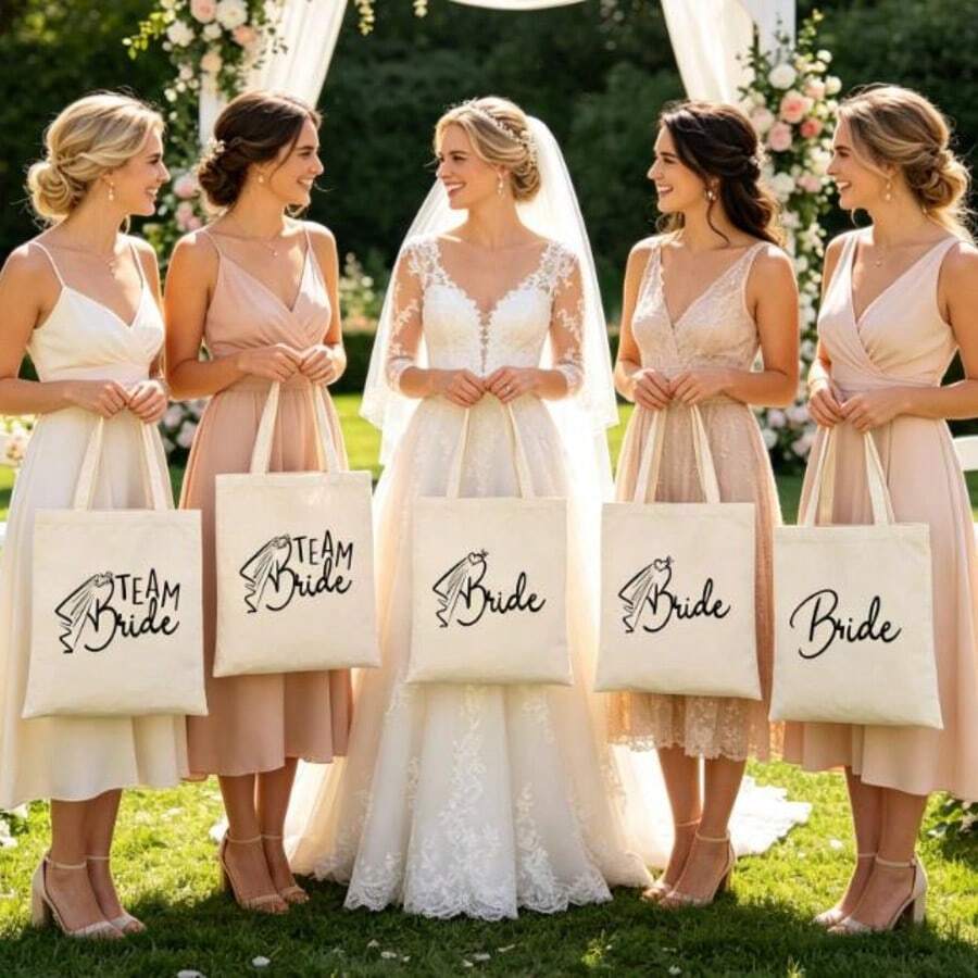 Braut & Brautjungfer Leinwand Tragetasche, wiederverwendbare Hochzeitsfeier Geschenk Tasche, elegante Schleier Muster Schultertasche, perfekt für Brautjungfer Geschenk, Junggesellinnenabschied, Brautparty & Einkaufen - Aprikose - Übersicht 1