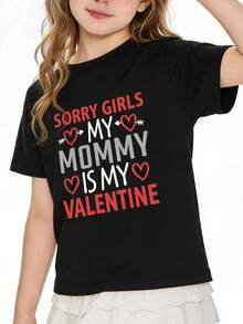 Summer Casual Soft Round Neck Short Sleeve Girl's T-Shirt,Valentine's Day Mom Quote Print Graphic Suitable For Daily Wear.White - 黑色 - 查看 1
