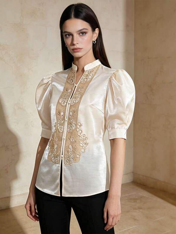 1pc Amyenjoylife Modern Filipiniana Blouse, Women Short Sleeve Button Front Shirt Top, Suitable For Office, Daily Wear, Festivals, Travel, Summer