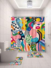 1/4pc Abstract Art Shower Curtain Set, Multi-Color Pop Art Print Bathroom Decor, Bathroom Curtain, Bathroom Accessories Including U-Shaped Mat, Toilet Lid Cover, 70.87X70.87 Inch Shower Curtain With Hooks, Modern Abstract Bathroom Decor - A - View 19
