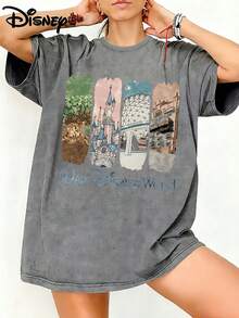 Disney Walt Disney World Four Parks Vintage Collage Graphic Washed Unisex TShirt, 100% Cotton Oversized Vintage Short Sleeve Tee, Magical Park Trip Themed Casual Top - Xám - Xem 1