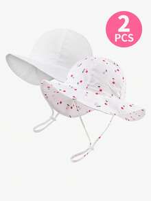 2Pcs Baby Girls' Strawberry Print & Solid Wide Brim Sun Hat, Adjustable Chin Strap UV Protection Bucket Hats For Toddler Kids Summer Beach Outdoor Activities - 2pcs - View 7
