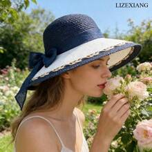 Stylish Straw Hat With Bowknot,Hats For Women,Beach Hats For Women,Elegant Women's Sun Hat, Beach Sun Protection Hat, UV Protection Hat - 藏蓝色 - 查看 5