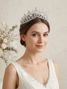 1pc Elegant Crystal Bridal Crown, Silver Rhinestone Princess Hair Accessory For Wedding, Prom, Birthday Party - Silver - View 4