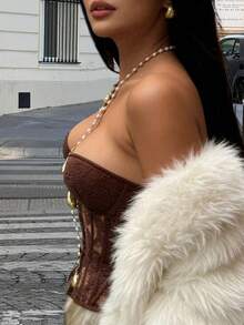 Apperloth A Y2K 花卉刺繡 Bustier 半透網紗前扣式開襟 後背綁帶露背塑形抹胸上衣 夏季款 - 咖啡 - 查看 5