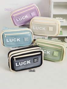 Luck Pencil Bag Pen Case Best Wish Frosted Front Multi Slots Mesh Pocket Storage Pouch For Stationery School - Multicolor - View 4