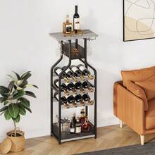 Rustic Freestanding Metal Wine Rack Table – Multi-Functional Bottle & Glass Holder Stand With Wood Countertop, Storage Shelves – Perfect For Home, Kitchen, Dining, Living Room – Compact Design - Grey - View 4