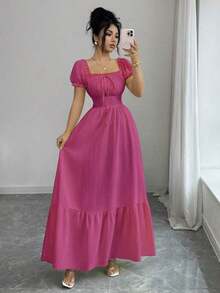 Nuevo vestido con mangas de globo de tela tejida con textura arrugada, con lazo delantero y fruncido trasero, que cintura la cintura, con silueta favorecedora, elegante vestido para ocasiones de vacaciones/casual para mujeres jóvenes - Rosa Fucsia - Ver 6