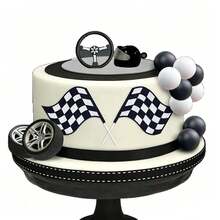 16pcs Racing Flag Cake Decoration Set, Includes Motorcycle Helmet, Steering Wheel, Racing Theme Boy 1st Birthday Party Decor - Racing - View 2