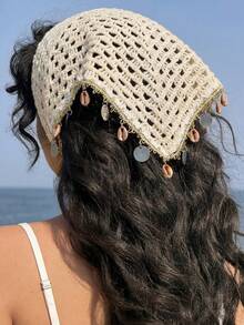 1pc Women's French Elegant Bohemian Style White Shiny Rhinestone Knit Hollow Out Versatile Sequin Starfish Shell Pendant Headband Hair Scarf, Suitable For Daily Wear, Party, Gathering, Summer Beach Vacation Decoration - Multicolor - View 3