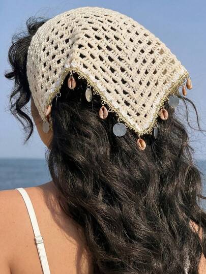 1 chiếc băng đô cài tóc nữ kiểu Bohemian thanh lịch màu trắng, dệt kim rỗng, đính sequin lấp lánh, mặt dây chuyền hình vỏ sò và hoa, thích hợp cho sử dụng hàng ngày, dự tiệc, đi biển.