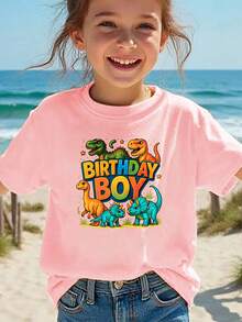 Dinosaur Pattern Birthday Printed T-Shirt For Kids - Pink - View 8