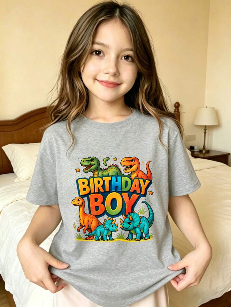 Dinosaur Pattern Birthday Printed T-Shirt For Kids - Grey - View 1