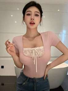 Camiseta de manga corta con bloques de color para mujer, Tops cortos para mujer, Tops lindos para mujer - Rosa - Ver 3