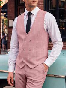 Mens 3 Pieces Suit Set Plaid Slim Fit  Checked Casual Tuxedo Formal Suits For Men Wedding Business Party Blazer Vest Pant - Hồng - Xem 2