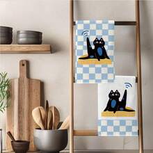 2pcs Cute Black Cat Checkered Pattern Kitchen Towels, 40*60cm Microfiber Dish Cloths, Cleaning Rags, Hand Towels, Kitchen Decor, Housewarming Gift - Multicolor - View 9